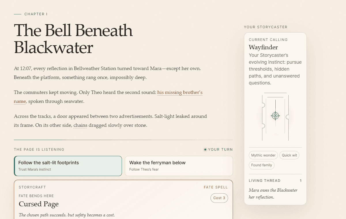 Bookguild Living Page showing story text, choices, and persistent world state