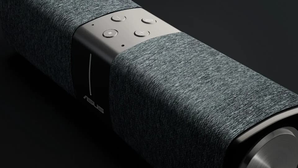 A close CGI study reveals the woven body and controls of the ASUS Lyra Voice.
