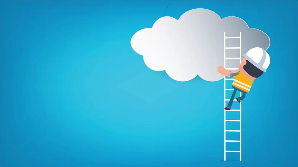 An animated utility worker climbs a ladder into a cloud in We Cannot Make It Rain.