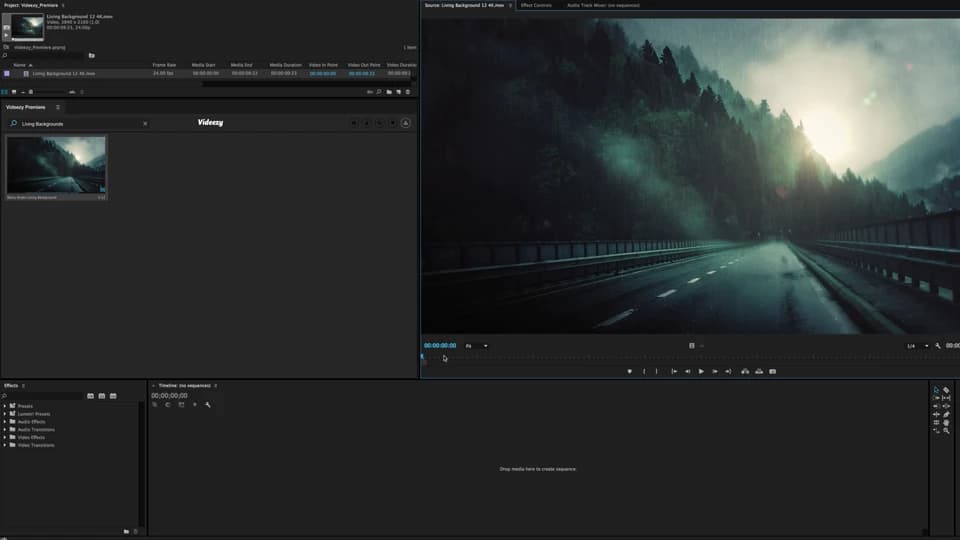 Videezy Direct revealing a cinematic road clip inside Adobe Premiere Pro.