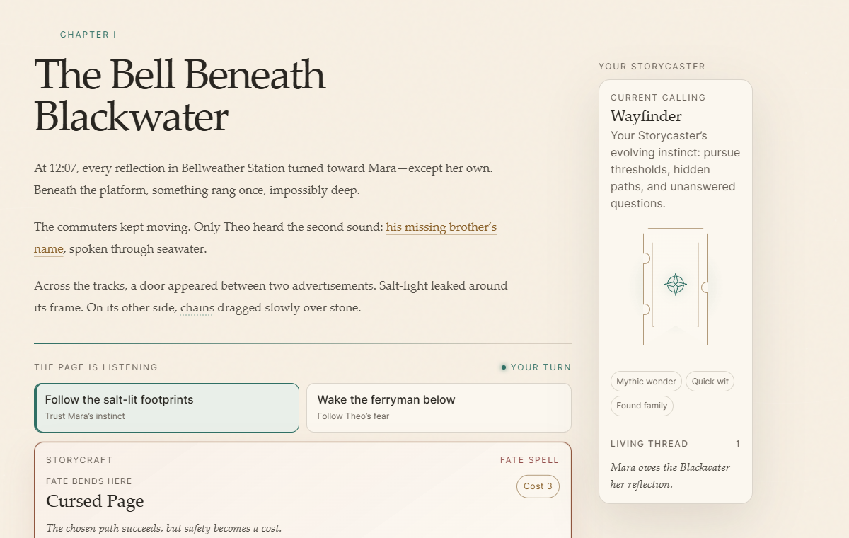 Bookguild Living Page showing story text, choices, and persistent world state